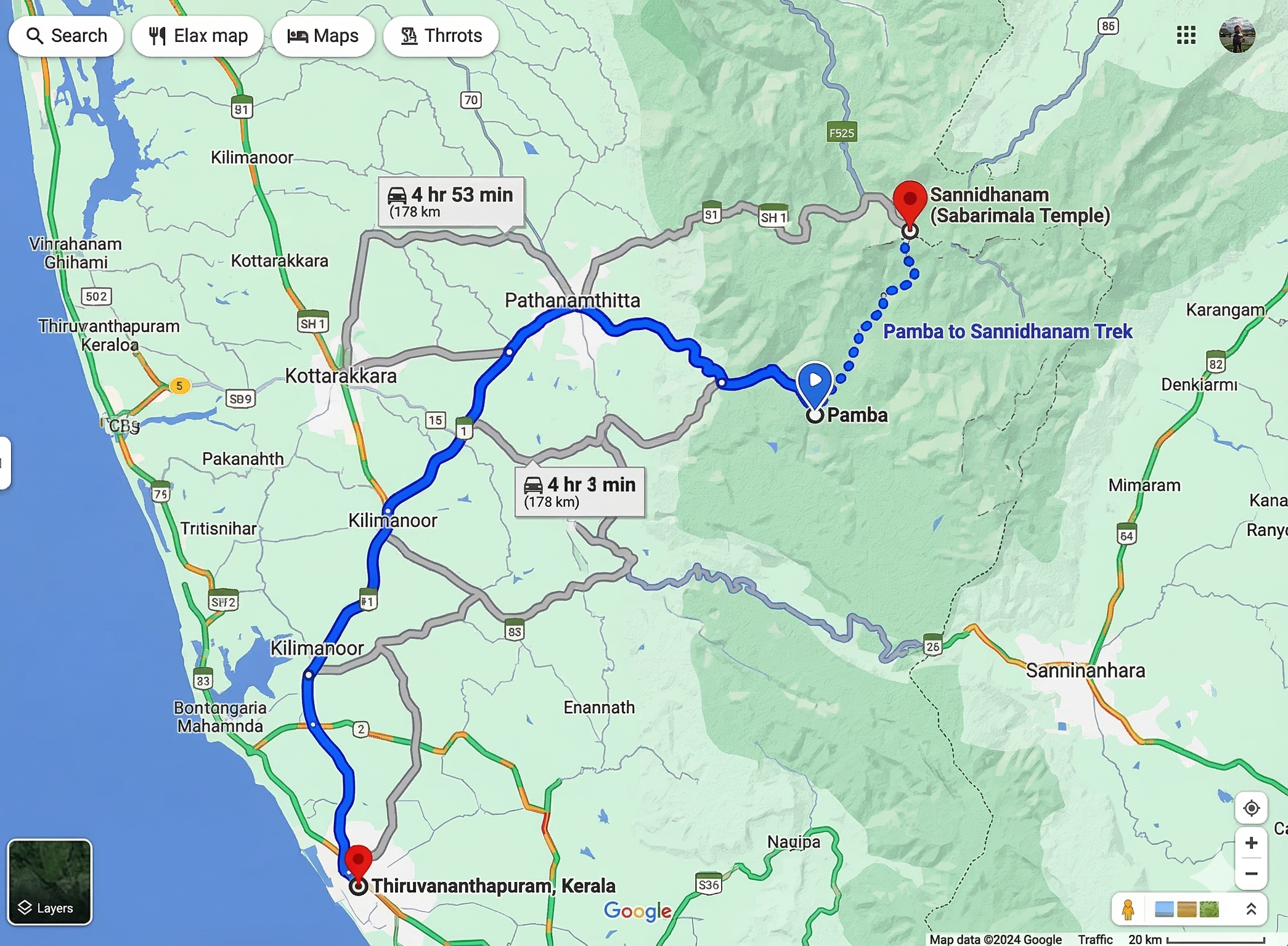 Route reference from Thiruvananthapuram to Sannidhanam